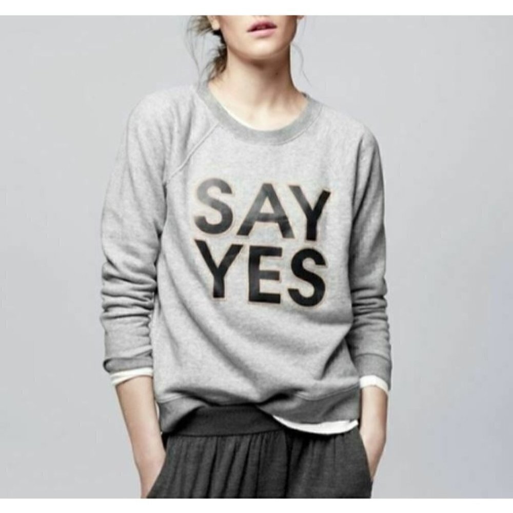 J Crew Say Yes Sweatshirt Womens Medium Metallic Graphic Sweater Gray Boho